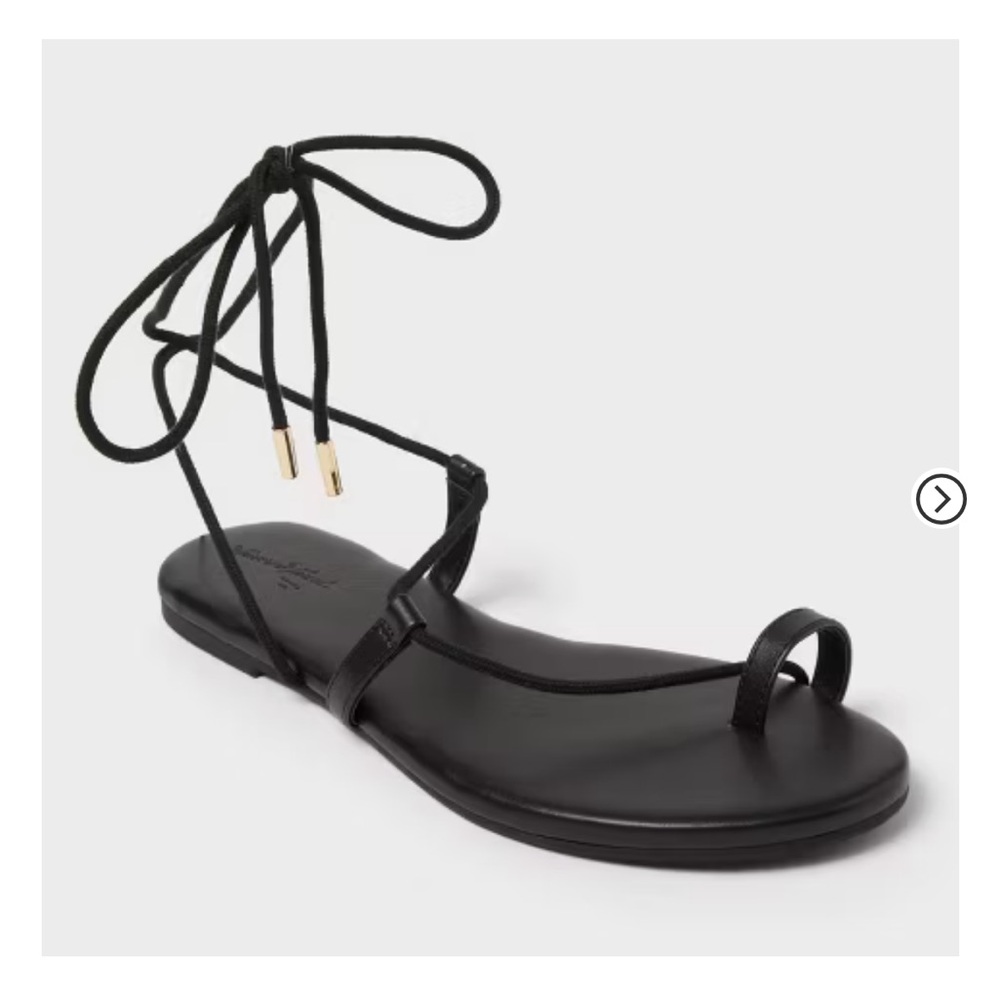 Ivana Toe Ring Loop Black Strappy Tie Up Flat Sandals